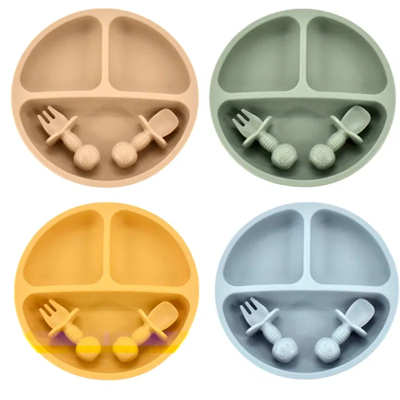 Color: Ivory - 9Colors Baby Plate Set Food Grade Silicone Dishes BPA-Free Tableware Kids Feeding Bowls Kids Learning Dishes Tray Dropshiping