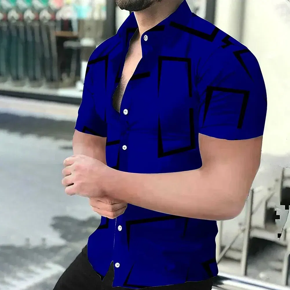 Color: SKY BLUE, Size: 4XL - 3D Men's Striped Printed Short Sleeve Shirt, Fashionable And Casual Loose Shirt, 2023 New Style.