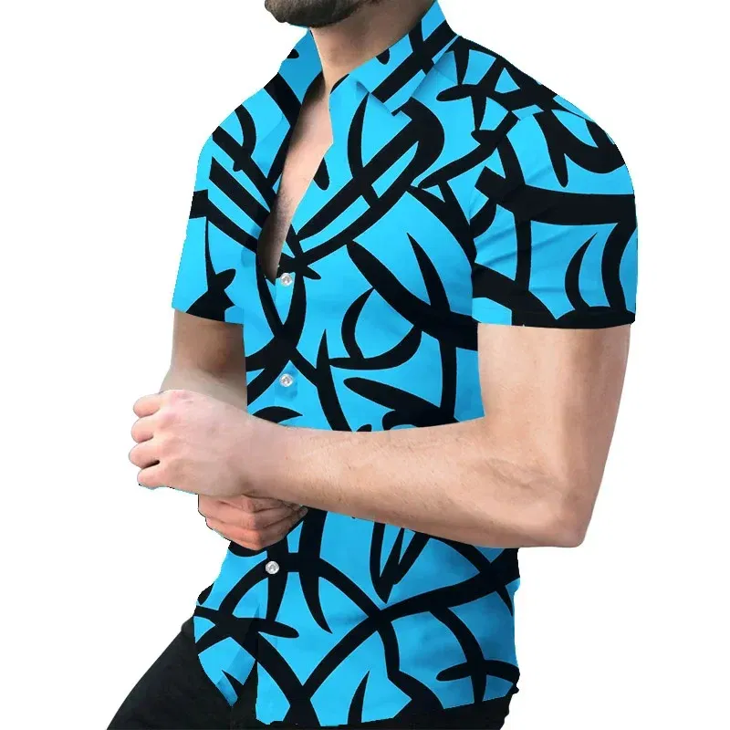 Color: SKY BLUE, Size: 4XL - 3D Men's Striped Printed Short Sleeve Shirt, Fashionable And Casual Loose Shirt, 2023 New Style.