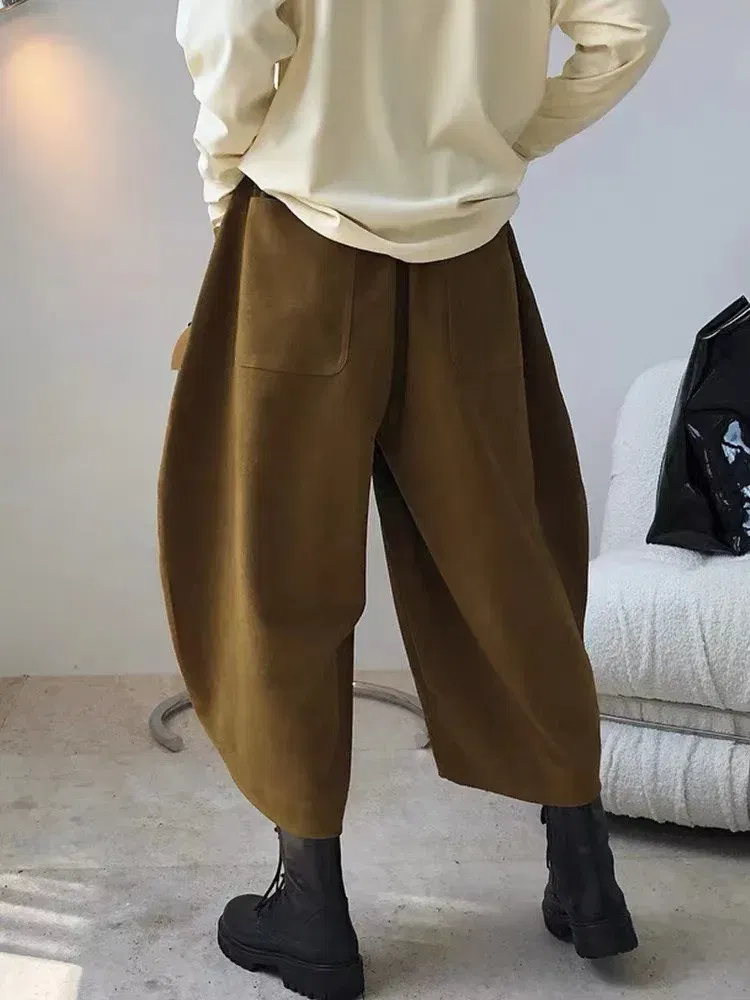Color: Dark Brown, Size: M - 2023 Autumn Casual Harem Pants Women Cotton High Waisted Trousers Retro Loose Bloomers Women's Oversize Pants Baggy Sweatpants