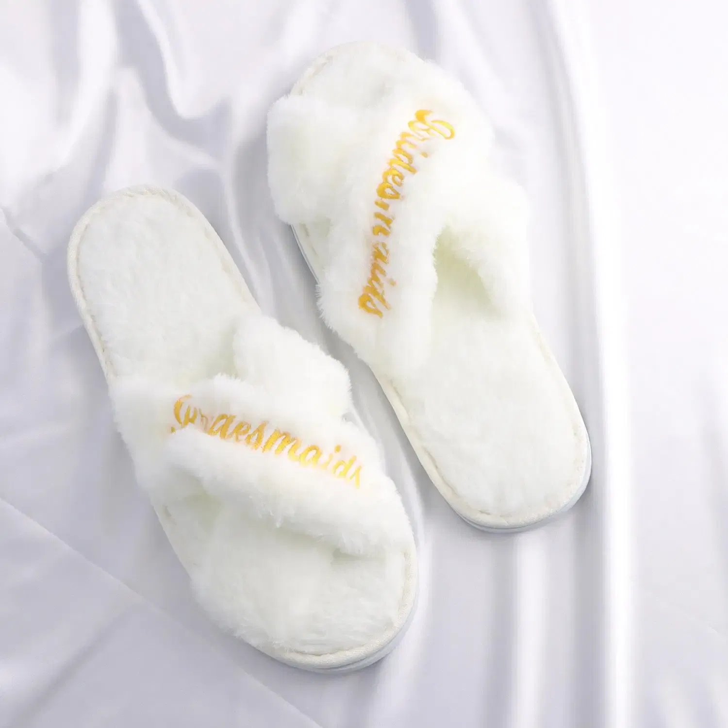 Color: Straw, Shoe Size: One Size - Personalized Wedding Name Slipper Bridal Party Fluffy Slippers Warm Soft Ladies Home Shoes Bridesmaids Gifts