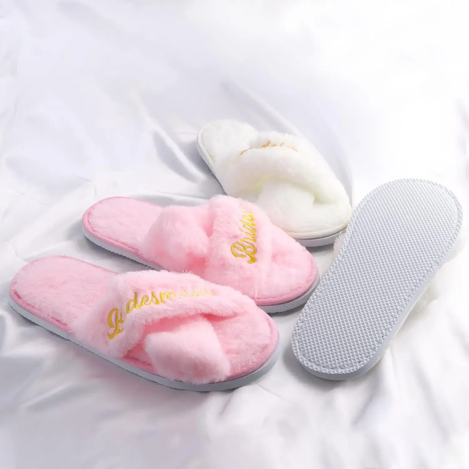 Color: Straw, Shoe Size: One Size - Personalized Wedding Name Slipper Bridal Party Fluffy Slippers Warm Soft Ladies Home Shoes Bridesmaids Gifts
