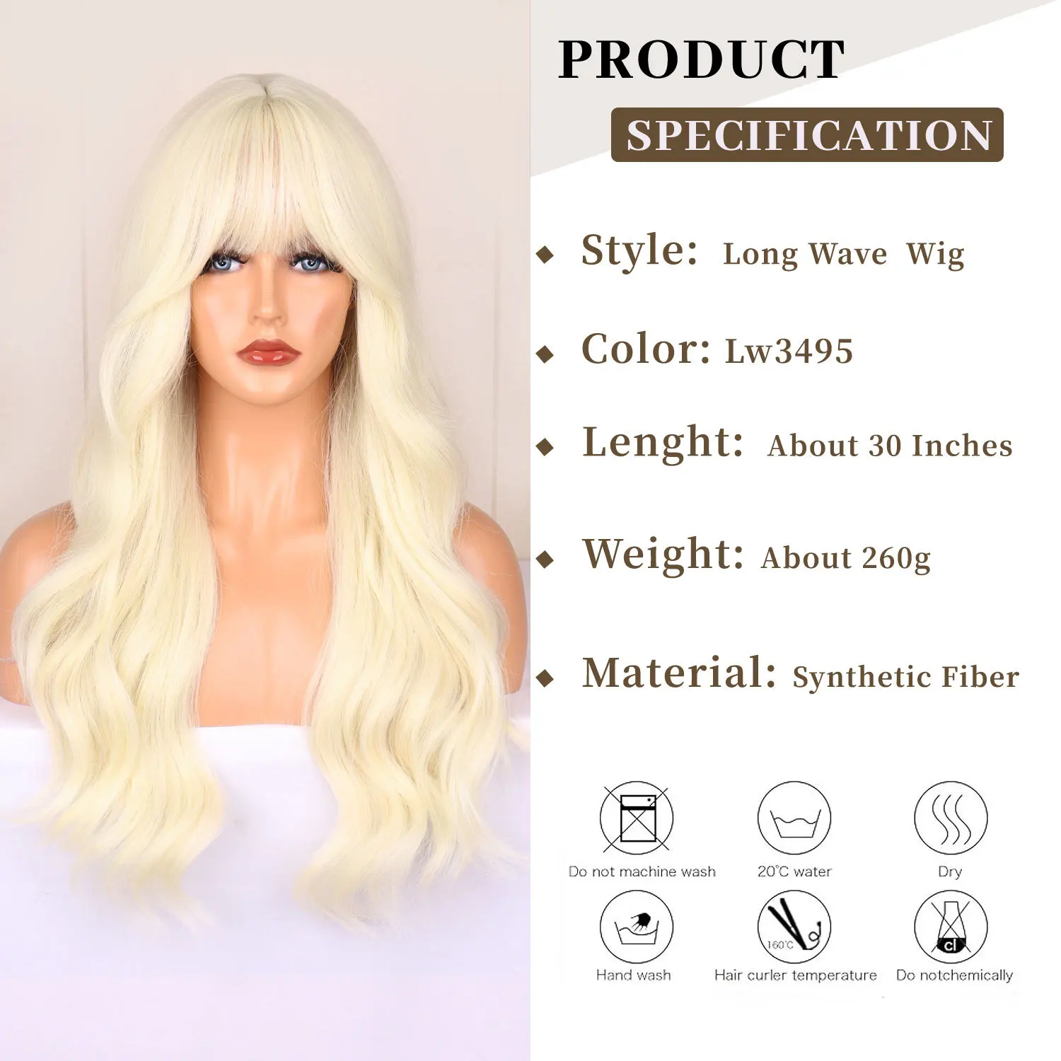 Color: T1B/4/27 - Light golden synthetic wig with big waves for Halloween party, cosplay wig, everyday wig, high-temperature hair silk wig set