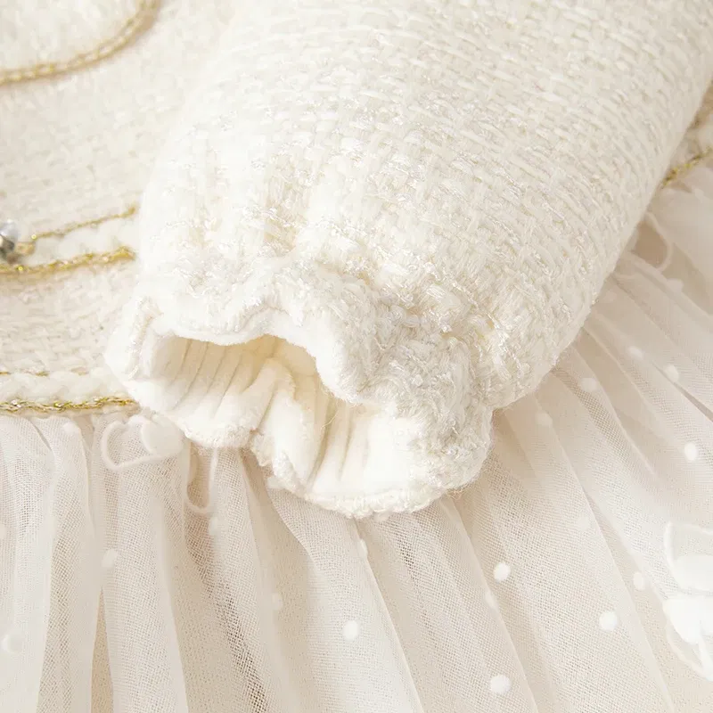 Color: WHITE, Kid Size: 10 - Dave Bella Girl's Dress Children's Autumn Winter Princess Dress Charm Sweet Classy Gentle Fashion Mesh Party DB4237805
