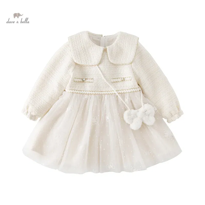 Color: WHITE, Kid Size: 10 - Dave Bella Girl's Dress Children's Autumn Winter Princess Dress Charm Sweet Classy Gentle Fashion Mesh Party DB4237805