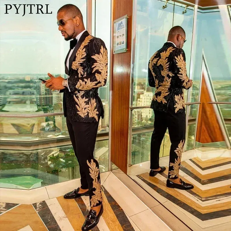 Color: black, Size: XXL - Men's Gold Sequin Applique Fashion Trend Suit Set High-Quality Casual Jacket And Western Pants Two-Piece Ensemble