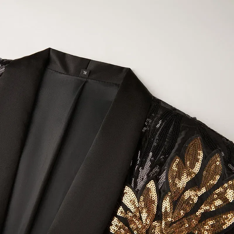 Color: black, Size: XXL - Men's Gold Sequin Applique Fashion Trend Suit Set High-Quality Casual Jacket And Western Pants Two-Piece Ensemble