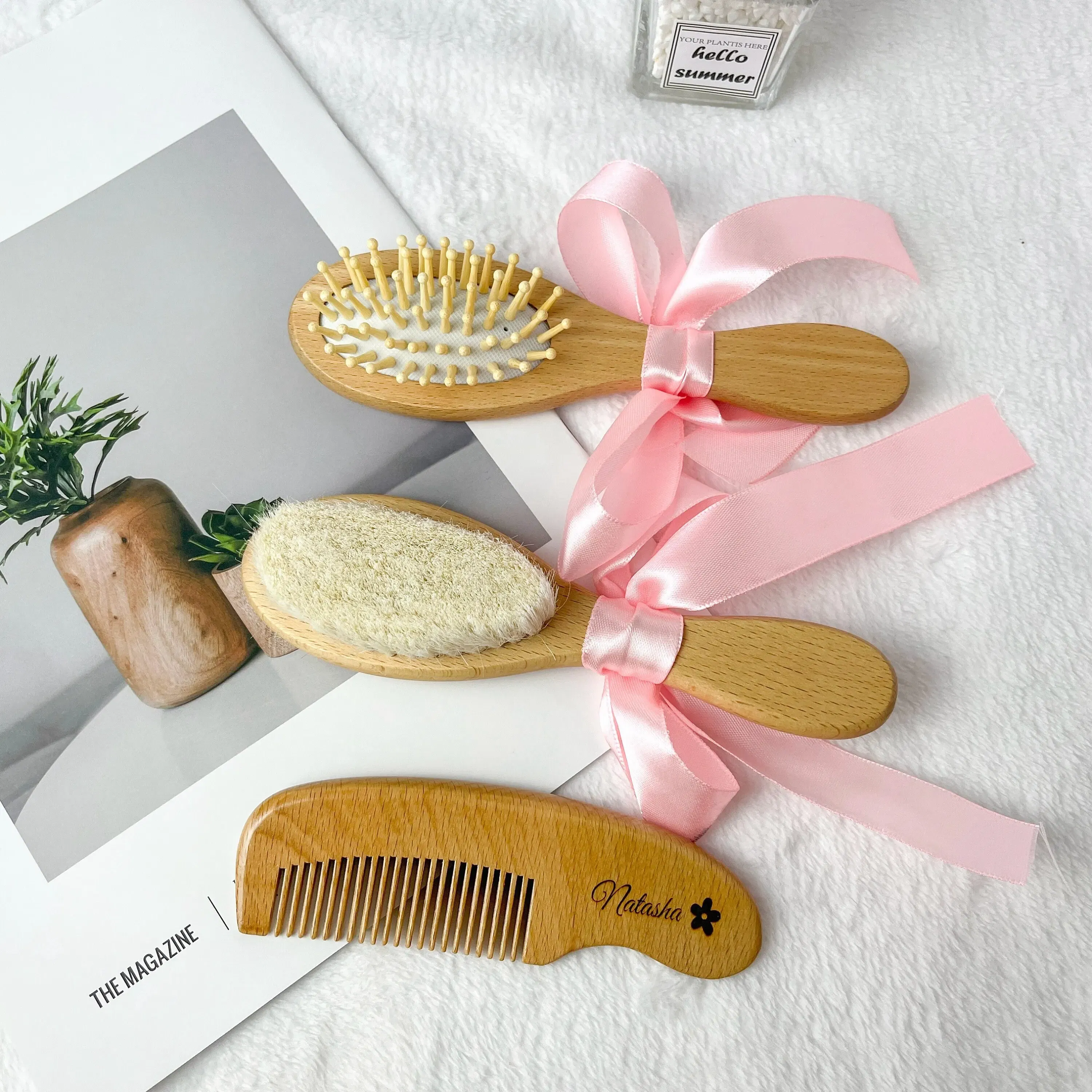 Color: Light Grey - Personalized Baby Care Hair Brush Pure Natural Wool Wood Comb,Engraved Newborn Massager Baby Shower and Registry Gift