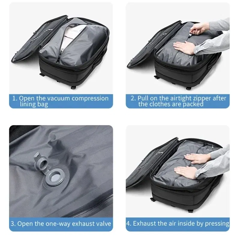 Color: Silver - Airback Vacuum Compression Backpack with Vacuum Pump 60L Expandable Travel Backpack for Men Women Airline Approved Business Bag