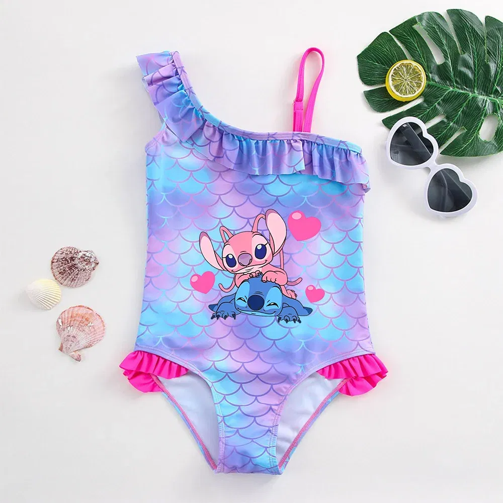 Color: Pink, Size: XS - Stitch Girls Swimsuit Fashion Mermaid Fish Scale One-Piece Bathing Suits Children's Dresses Summer Swimwear Beach Suit Kids Wear