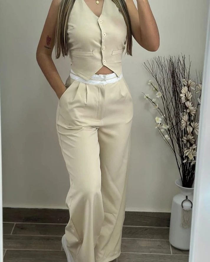 Color: Blue, Size: M - New Women's Two-Piece 2024 Summer Casual Sexy Elegant V-Neck Twist Button Tank Top and Pocket Design Pants Set Women's Set