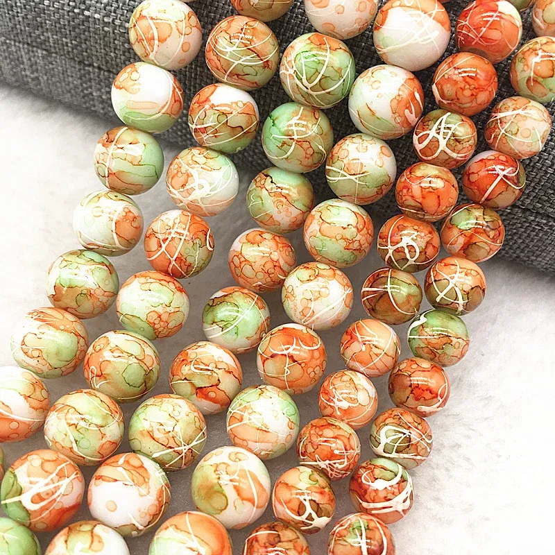 Color: PURPLE, Item Diameter: 5mm - Wholesale 4/6/8/10mm Glass Beads Round Loose Spacer Beads Pattern For Jewelry Making DIY Bracelet Necklace