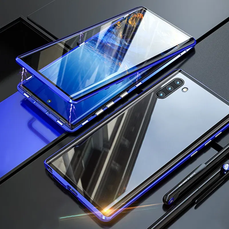 Color: Blue, Material: PVC - Full Wrap Metal Bezel Case For Samsung Galaxy S23 S22 Ultra S21 S20 FE S24 Note 10 20 Lite Plus Double-Sided Glass Back Cover