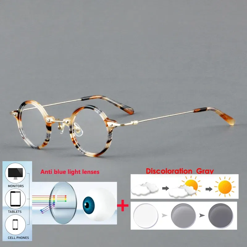 Frame Color: Yellow, Eye Prescription: +375 - VCKA Anti-blue Discolor Acetate+Titanium Myopia Glasses Frames Small Round Men Prescription Optical Women Eyewear -0.50 to -10.0