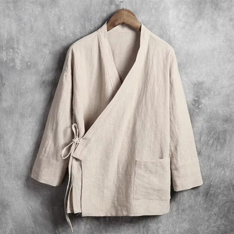 Color: Dark Grey, Size: 5XL - Plus Size M-6XL Pure Color Men's Tops 2024 New Cotton Linen Oblique Placket Long Sleeve Linen Hanfu chinese Clothing  Kimono