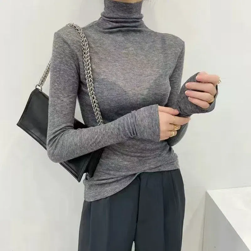 Color: Maroon, Size: XXL - New Fashion Basic Turtleneck Long Sleeve Women T-shirt Autumn Winter Long Sleeve Slim Stretch Tops Ladies Sexy Tees Plus Size
