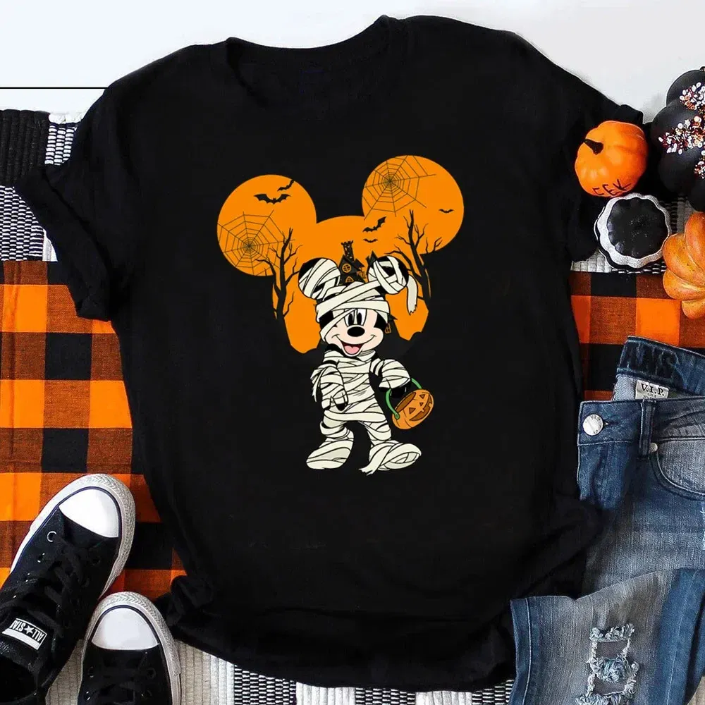 Color: army green, Kid Size: 2T - Funny Mickey Minnie Mummy Print Disney Children Cotton T Shirts Trick Treat Fashion Halloween Cute Kid Clothes Girls Streetwear