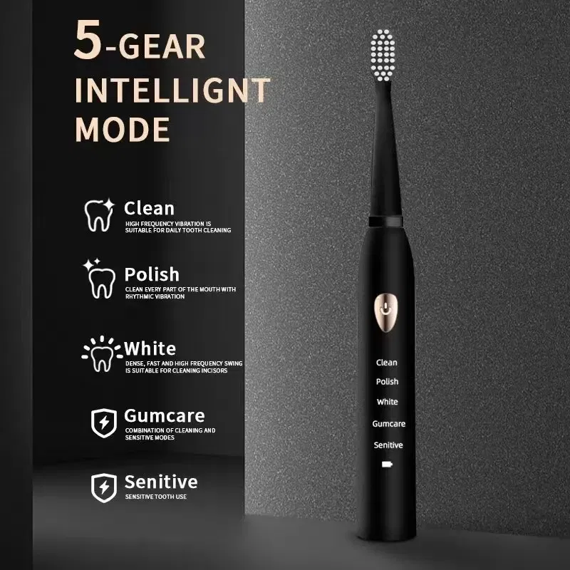 Color: PURPLE - Electric Toothbrush 5-gear Mode USB Charging 4 colors IPX7 Waterproof Ultrasonic Rechargeable Soft Hair Toothbrush Adult Classic