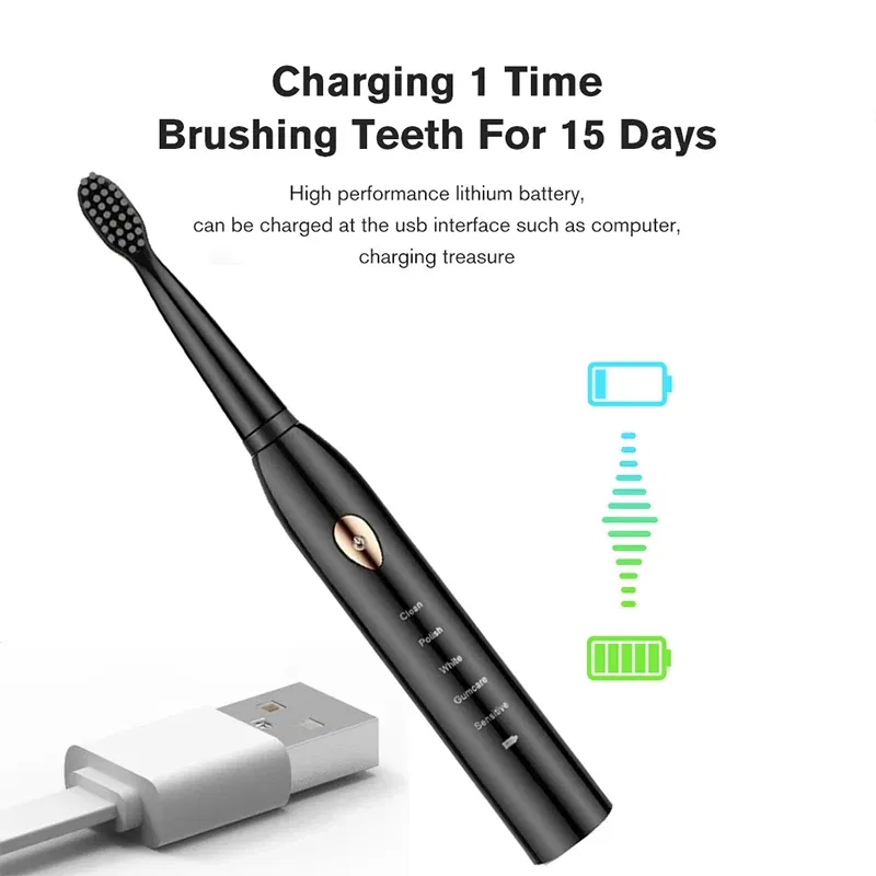 Color: PURPLE - Electric Toothbrush 5-gear Mode USB Charging 4 colors IPX7 Waterproof Ultrasonic Rechargeable Soft Hair Toothbrush Adult Classic