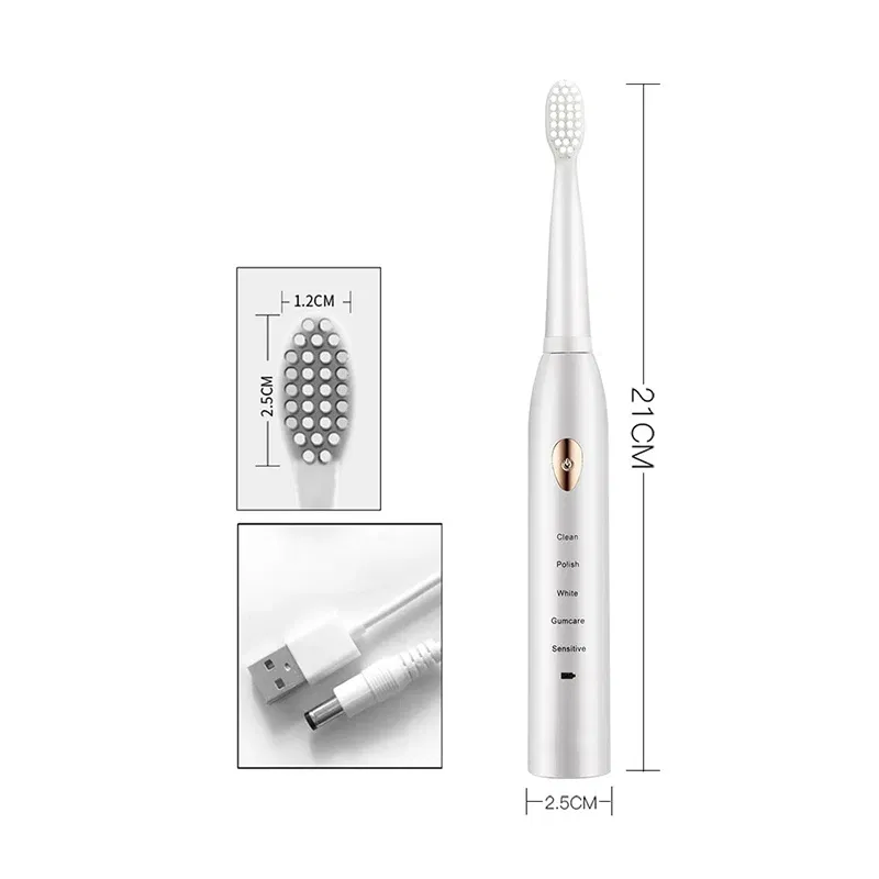 Color: PURPLE - Electric Toothbrush 5-gear Mode USB Charging 4 colors IPX7 Waterproof Ultrasonic Rechargeable Soft Hair Toothbrush Adult Classic
