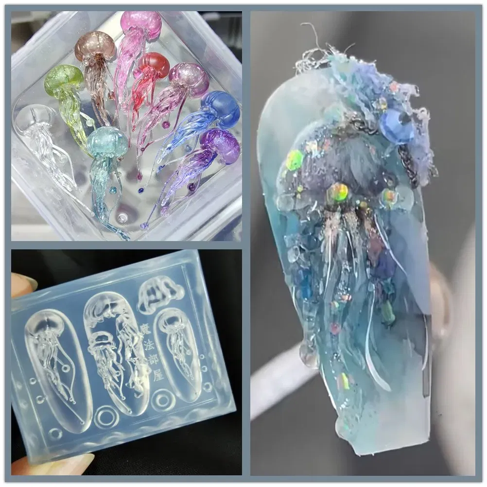 Color: army green - 1pc Marine Jellyfish  Lace Ice Flowers 3D Acrylic Nail Mold Nail Art  Silicone Stamping Plates  Nail Accessories