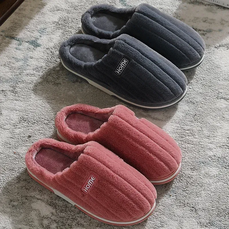Color: GRAY, Shoe Size: 42-43 - New Men Big Size 48 49 Winter Warm Slippers Women Soft Plush Furry Shoes Casual Flats Home Couples Bedroom Anti-Slip Slides