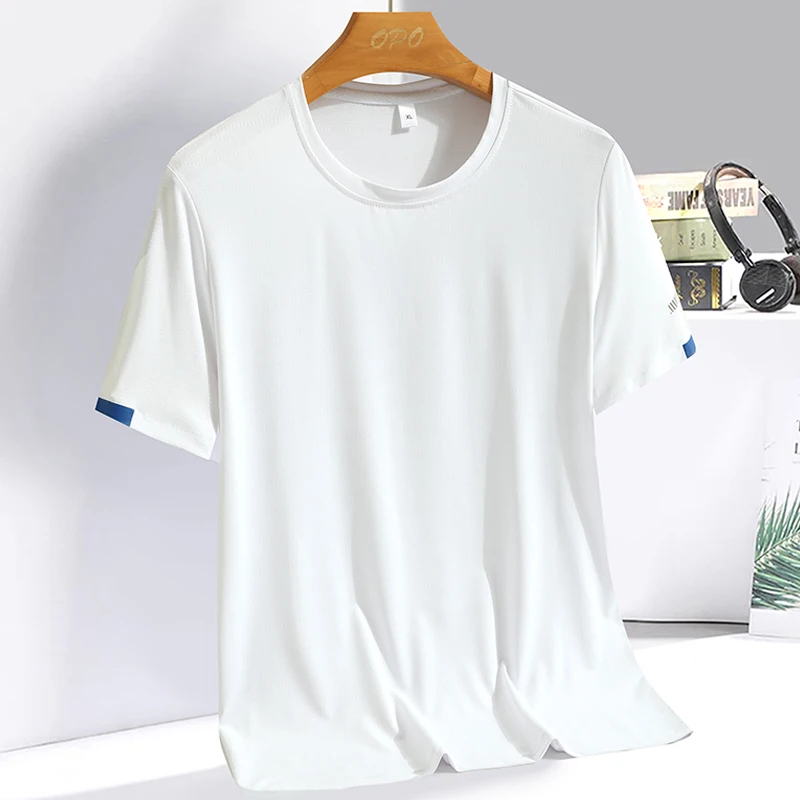 Color: Brown, Size: M - Men's Silk Ice Round Collar T-shirt, Simple Running Fitness Suit, Breathable Thin T-shirt, Quick Dry T-shirt, Summer