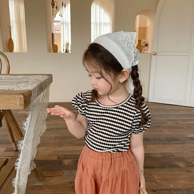 Color: Beige, Kid Size: 4T - 2024 Summer Baby Girls T-shirts Kids Girl Striped Puff Short-sleeve Tops Fashion Bowknot Backless Children Clothing Toddler Tees