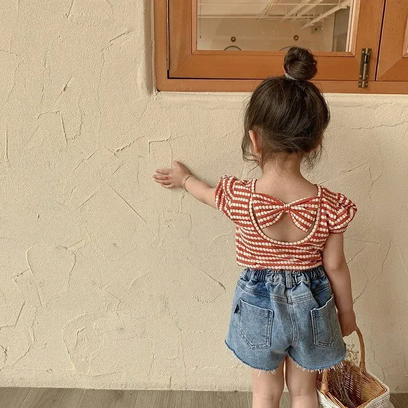 Color: Beige, Kid Size: 4T - 2024 Summer Baby Girls T-shirts Kids Girl Striped Puff Short-sleeve Tops Fashion Bowknot Backless Children Clothing Toddler Tees