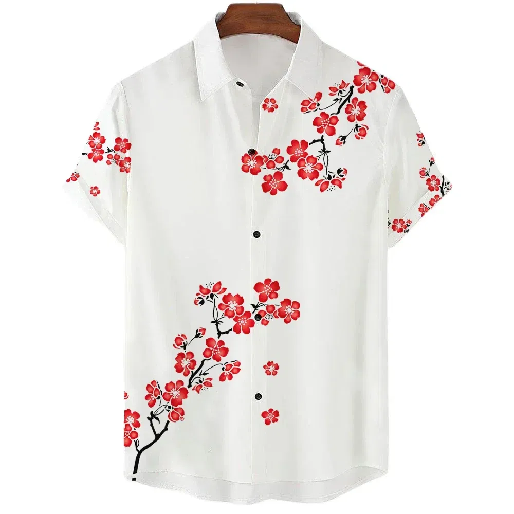Color: Silver, Size: 4XL - Fashionable Luxury Social men's Shirt Lapel button-down Shirt Casual Japanese Aesthetic Cherry Blossom Print short-sleeved Tops