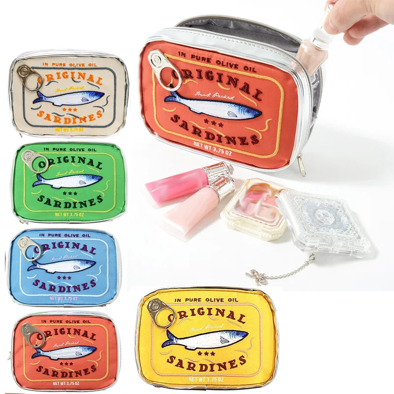 Color: Gold - Cute Cosmetic Bag Sardines Cans Shape Funny Packages Creative Portable Toiletry Bag Fashion Zipper Small Soft Makeup Bags