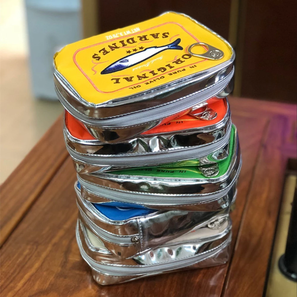 Color: Gold - Cute Cosmetic Bag Sardines Cans Shape Funny Packages Creative Portable Toiletry Bag Fashion Zipper Small Soft Makeup Bags
