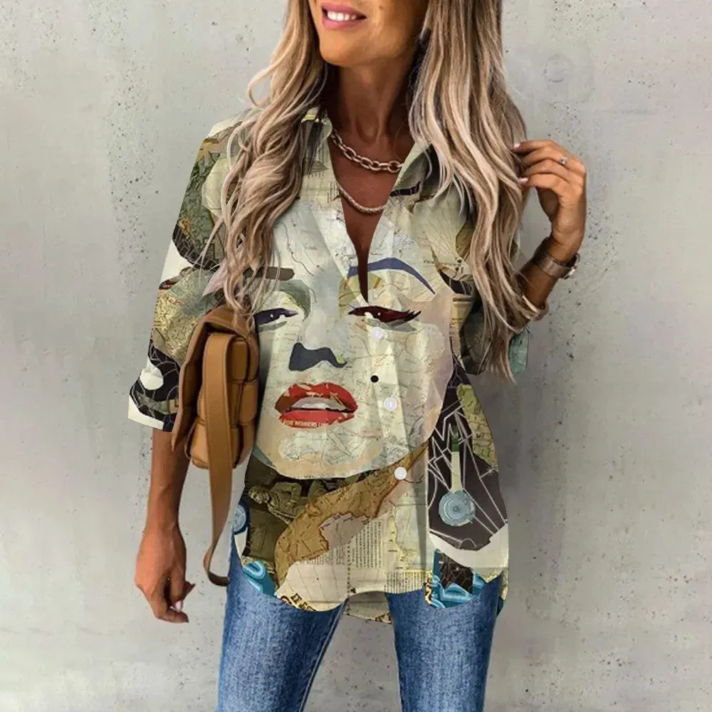 Color: PURPLE, Size: XL - Ladies Long Sleeved Shirt Vacation Style Coconut Tree 3D Digital Printed Button Up Collar Loose Casual Ladies Blouse 2024 Autumn