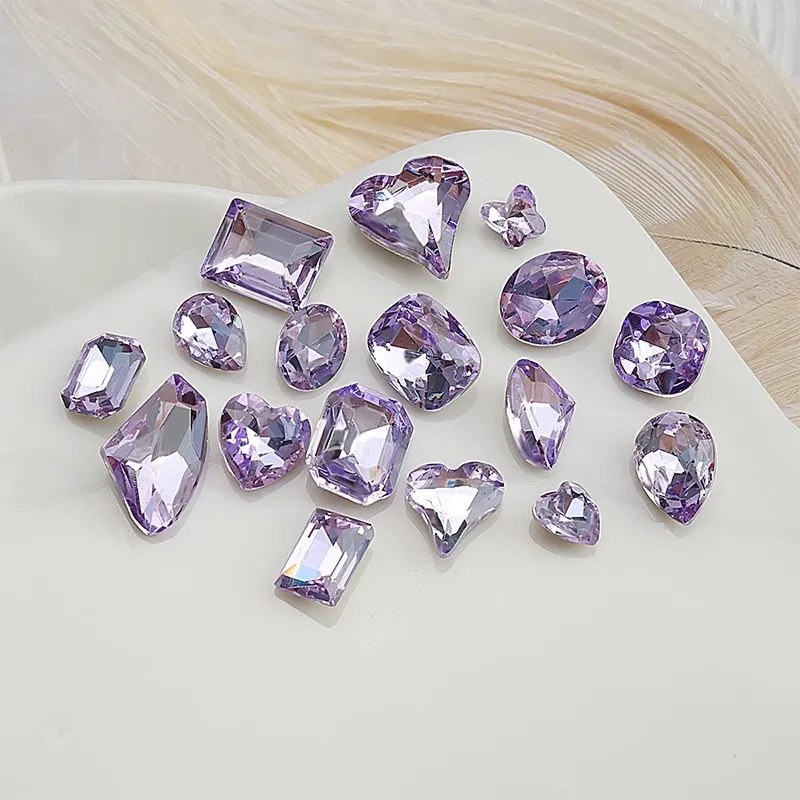 Color: WHITE - 20pcs Nail Art Light Purple Sparkling Crystal Glass Diamond Violet Pointed Bottom Bare Rhinestone Gem Nail Accessories Charms