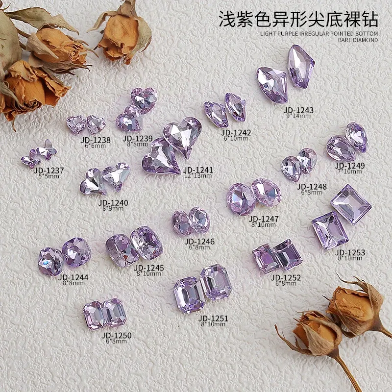 Color: WHITE - 20pcs Nail Art Light Purple Sparkling Crystal Glass Diamond Violet Pointed Bottom Bare Rhinestone Gem Nail Accessories Charms
