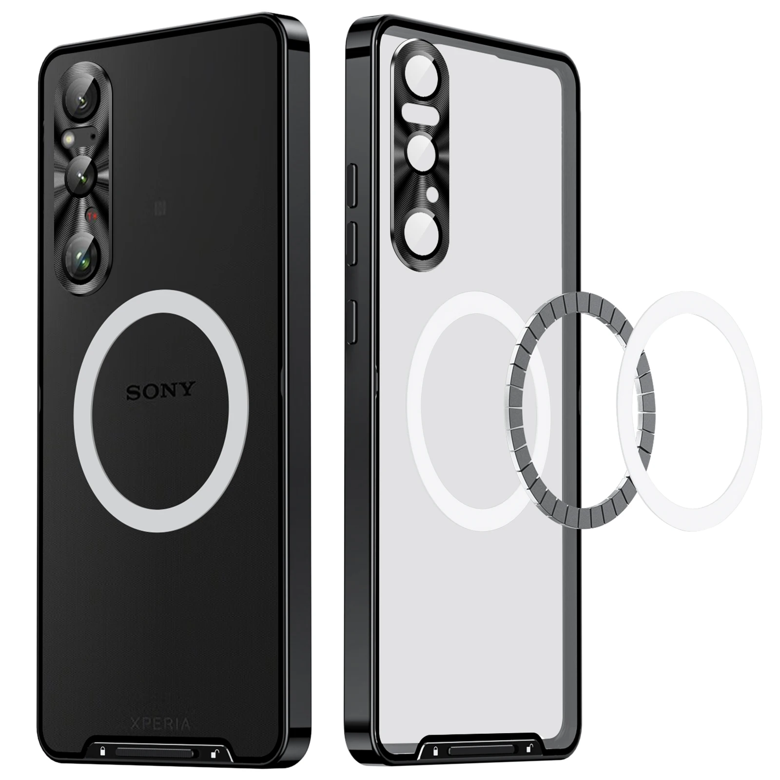 Color: black, Material: ABS - Metal Alloy Magnetic Case For Sony Xperia 1 V 10 IV iii 5 V Aluminum Bumper Frame Clear Transparent Wireless Charger Cover