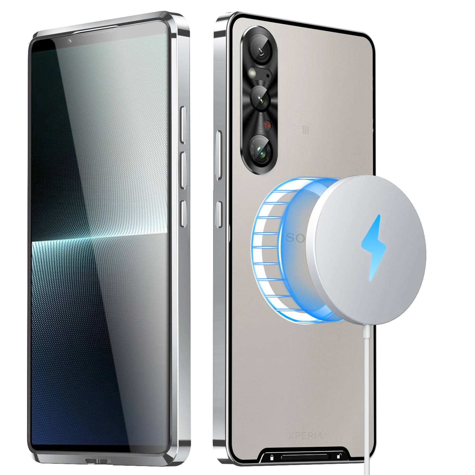 Color: black, Material: ABS - Metal Alloy Magnetic Case For Sony Xperia 1 V 10 IV iii 5 V Aluminum Bumper Frame Clear Transparent Wireless Charger Cover