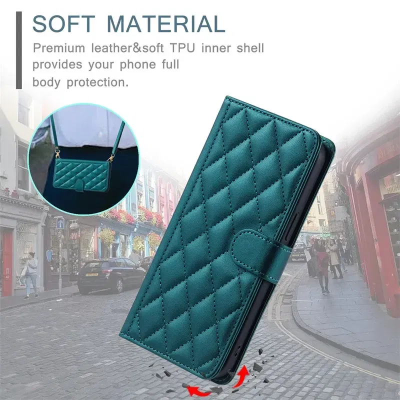 Material: Vinyl, Color: PURPLE - Long lanyard Flip Leather Phone Case for Samsung Galaxy S24 Ultra S23 FE S22 S21 S20 S10 Plus Wallet Card Cover Coque