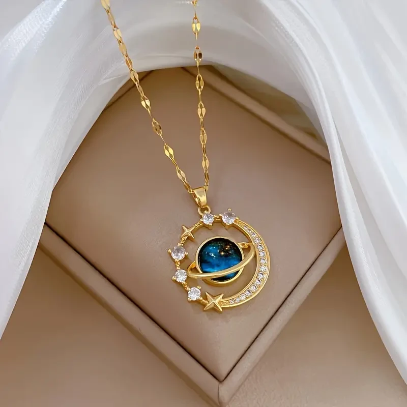 Stainless Steel Zircon Astral Blue Starry Planet Moon Pendant Necklace