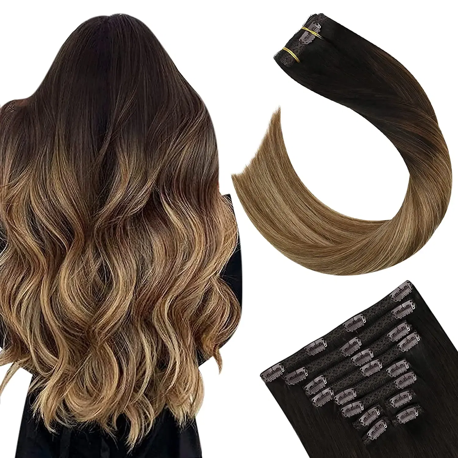 Color: T2/60, Length: 18 inches, Weight Per Package: 120g/Set - [16 Colors] Ugeat Clip in Hair Extensions Human Hair 14-22" Double Weft Remy Hair Full Head Clip in Extensions for Woman 7Pcs