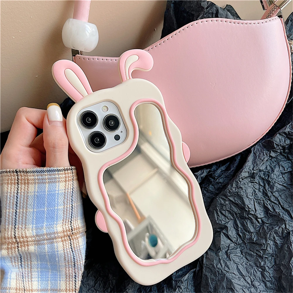Color: Beige, Material: leather - Cute Bunny Ears Mirror Phone Case For iPhone 15 14 Plus 13 12 11 Pro Max Shockproof Silicone Case
