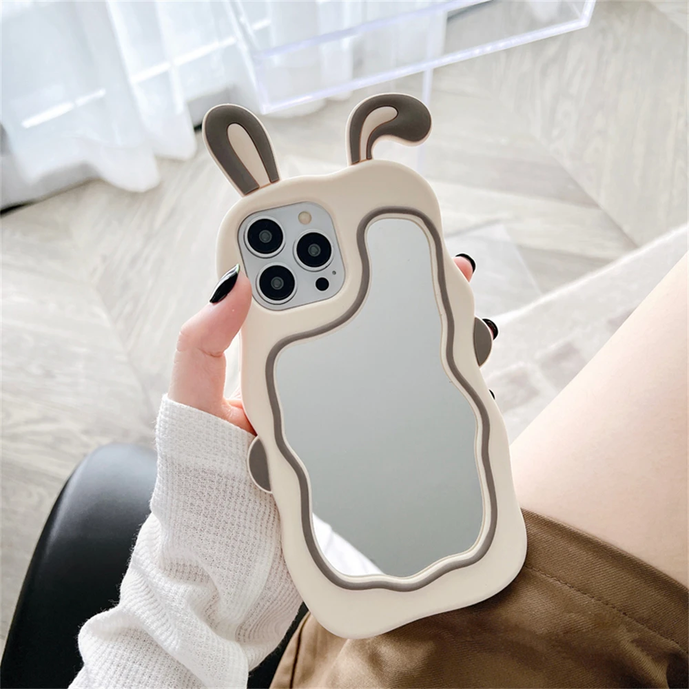 Color: Beige, Material: leather - Cute Bunny Ears Mirror Phone Case For iPhone 15 14 Plus 13 12 11 Pro Max Shockproof Silicone Case