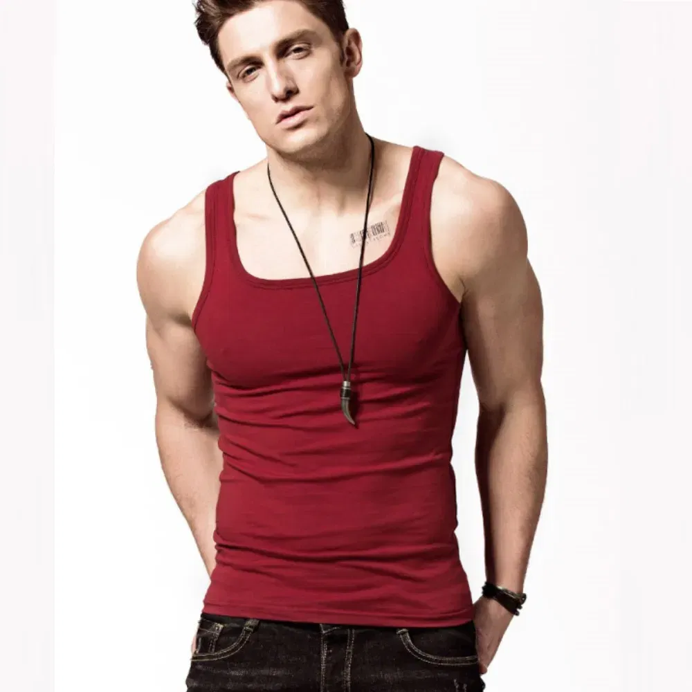 Color: Burgundy, Size: M - 2024 Summer Plus Size Men Clothing Tank Tops Black White Gray Singlets Sleeveless Fitness Men Vest Casual Bodybuilding Vest New