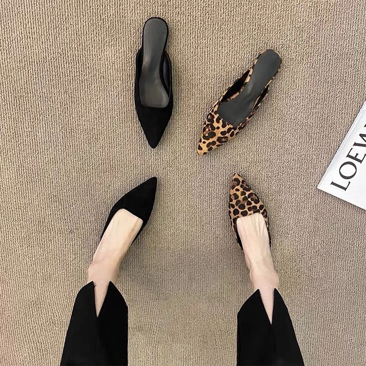 Color: Beige, Shoe Size: 35 - Women Slippers Pointed Toe Leopard Design Shallow Slip on Thin Low Heels Black Flock Design Casual Mules Loafers Black Outdoor