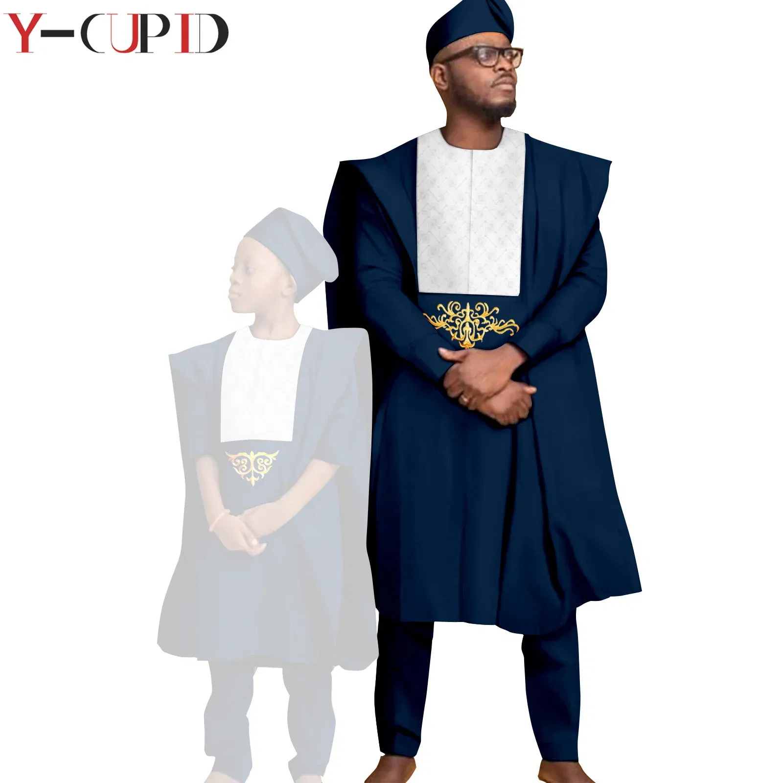 Color: Champagne, Size: Mother 3XL  - African Clothes for Men Top Pants Robes Hat Sets Match Kid Boy Sets Dashiki Father and Son Bazin Riche Family Outfits Y20F001