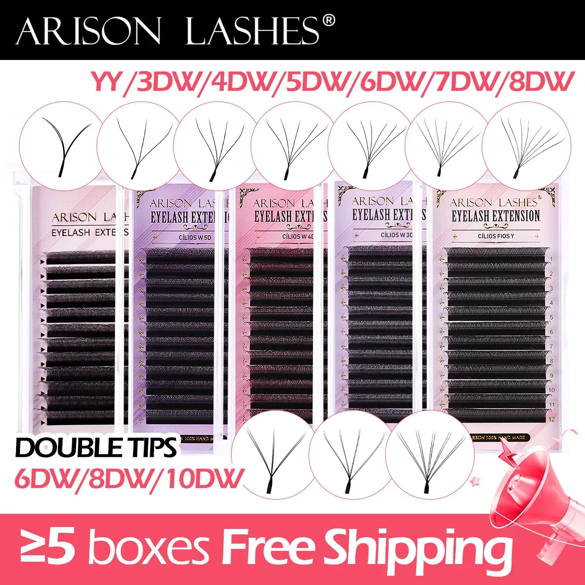 Color: Black & Silver, Curl: D, Thickness: 0.07mm, Length: MIX - ARISON LASHES W Shape 3/4/5/6D Eyelashes Extension Premade Volume Fans YY-shape Lashes Faux Mink Soft Easy Faning Natural Lashes