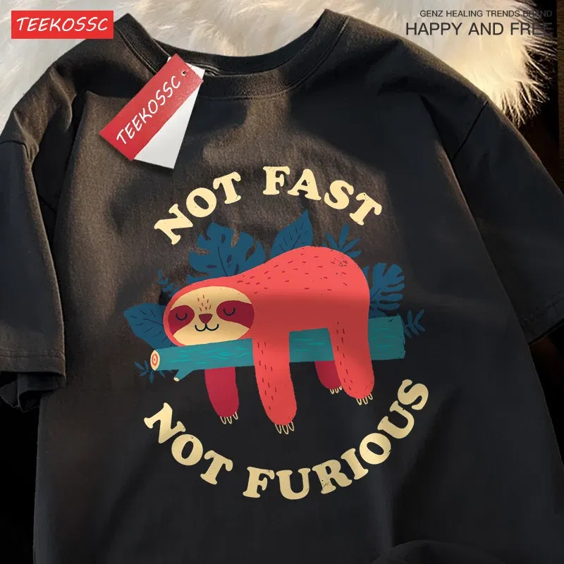 Color: Dark Grey, Size: XXL - Not Fast Not Furious Cute Sloth Male T Shirts Hip Hop Crewneck Short Sleeve Summer Cotton Tops Casual Sweat Oversized T-Shirts
