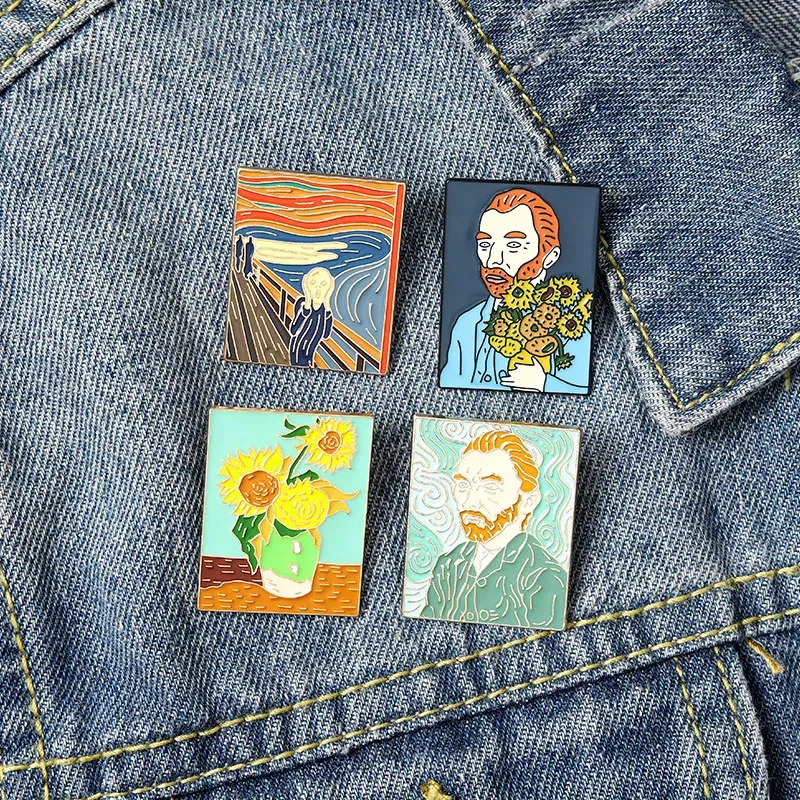 Metal color: Light Yellow Color - Van Gogh Oil Painting Brooch Van Gogh Brooch Galaxy Brooch Star Moon Sunflower Brooch Art Brooch Van Gogh Lapel Pin