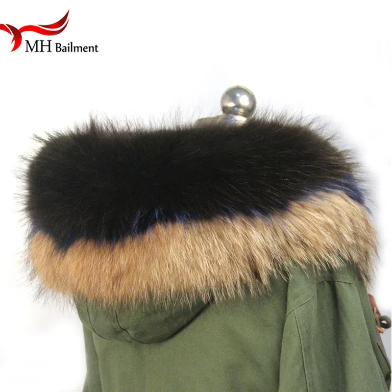 Color: army green, Size: XXS - 100% Real Raccoon Fur Scarf Coat Collar Ladies Winter Luxury Authentic Raccoon Warm Neck Shawl Coat Collar Furry Shawl Women