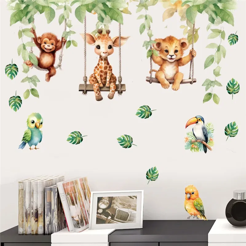 Color: VIOLET/?«?—?…° - Funny Animals Bird Swinging Wall Stickers Kids Room Decoration Diy Cartoon Monkey Giraffe Lion Mural Art Pvc Posters Home Decals